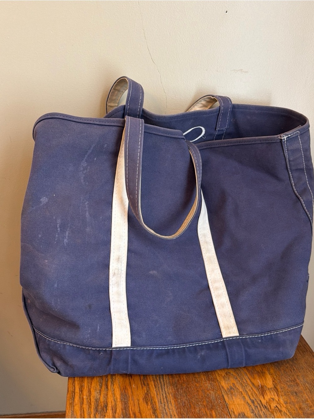 Vtg L.L.Bean Boat and Tote Bag Navy White Handles Canvas Tag Made in USA Large - Picture 7 of 10
